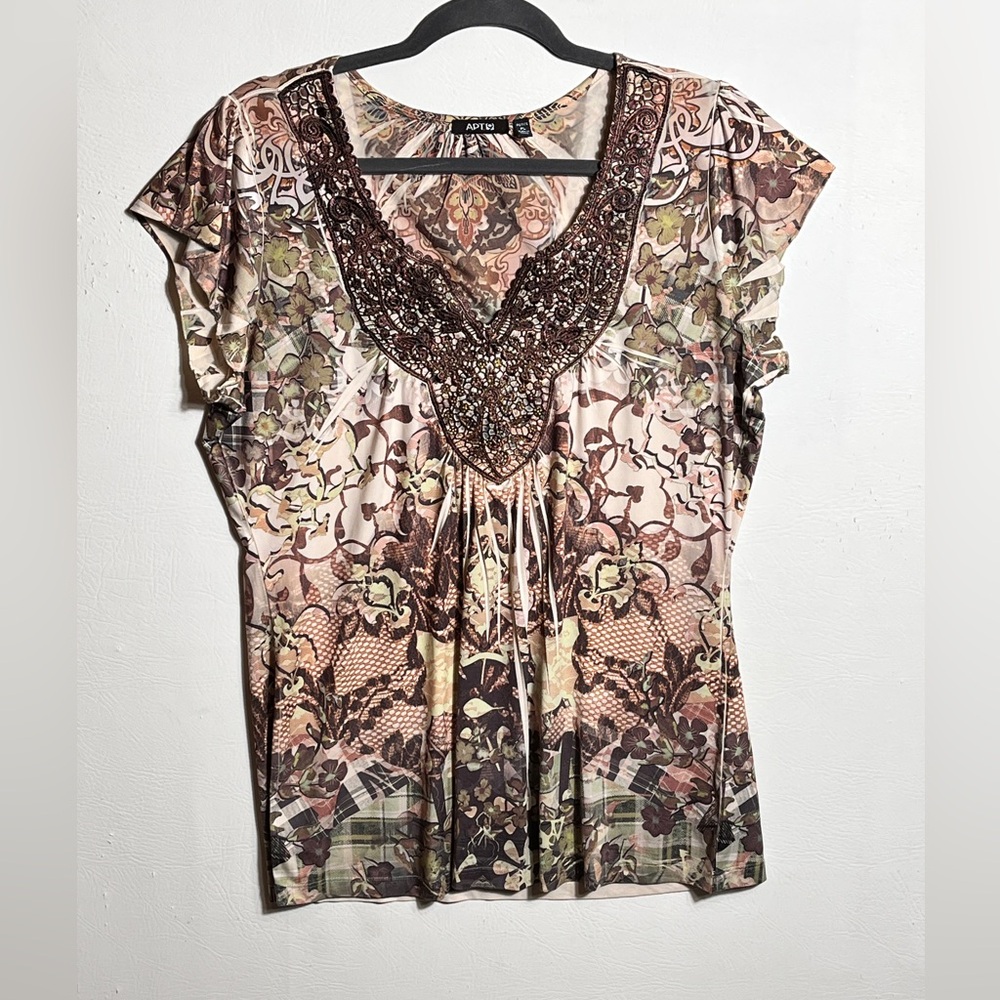 Apt. 9 Women's Brown and Cream Sequined Embellished Y2K Blouse Large